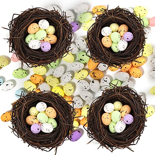 OOTSR 100 huevos de Pascua de espuma moteada de colores surtidos y 4 piezas de simulación de nido de pájaros para decoración del hogar, adornos de jardín, decoración de fiesta de Pascua para niños